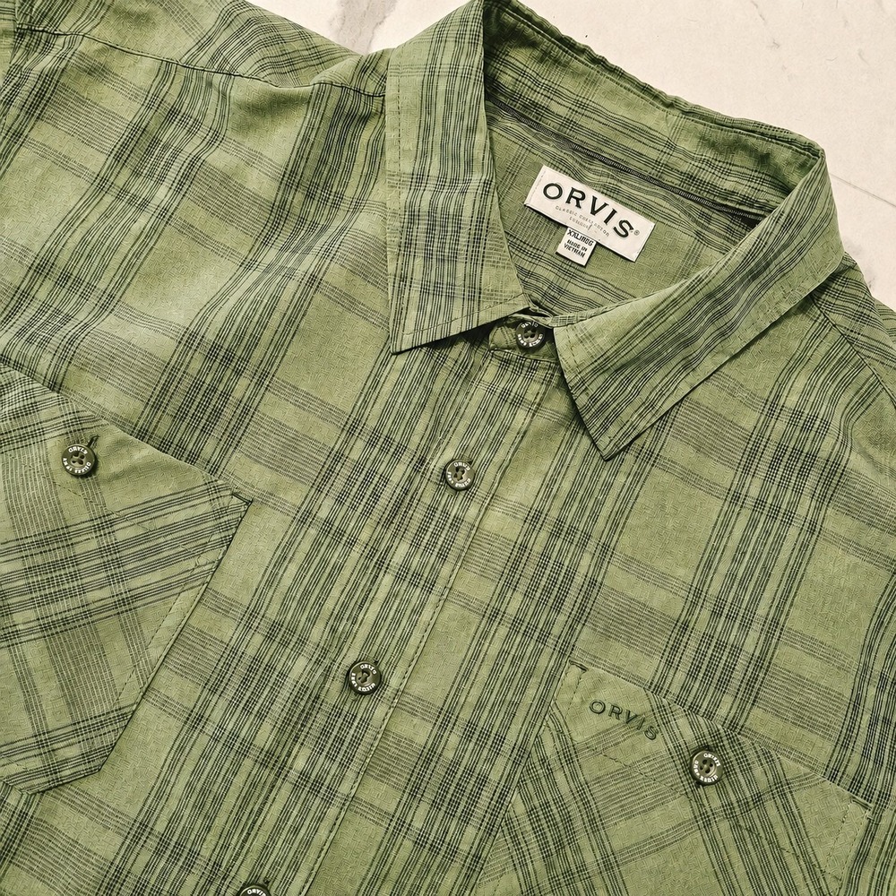 Orvis Men's XXL Green Plaid Button Up Shirt Short Sleeve Fishing Outdoor Stretch